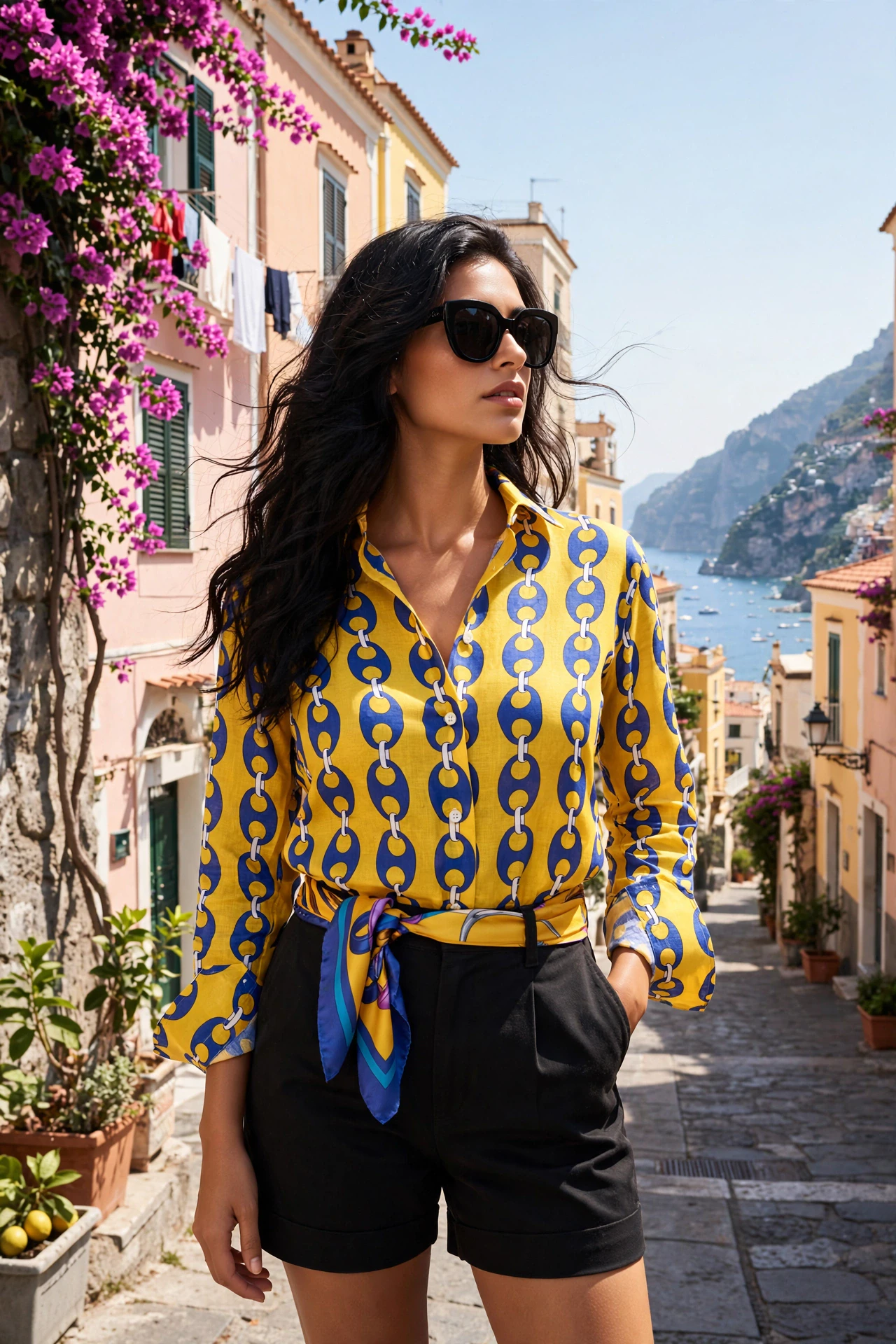Modella virtuale con Camicia di Lino M/L Catene Giallo