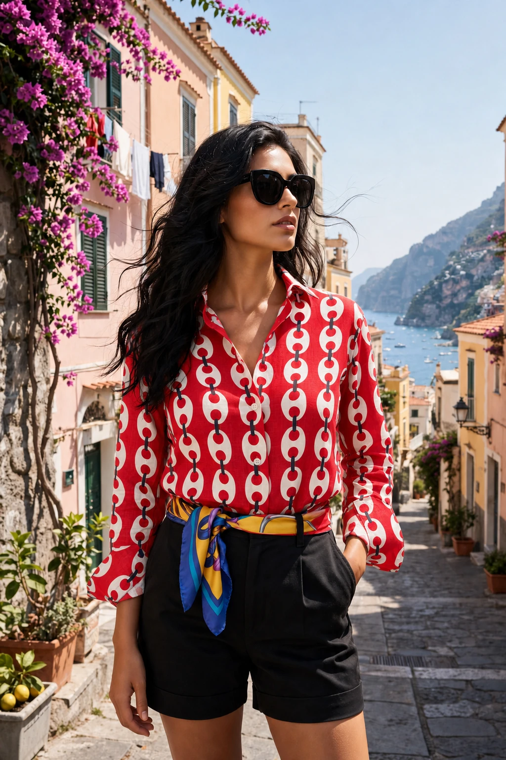 Modella virtuale con Camicia di Lino M/L Catene Rosso