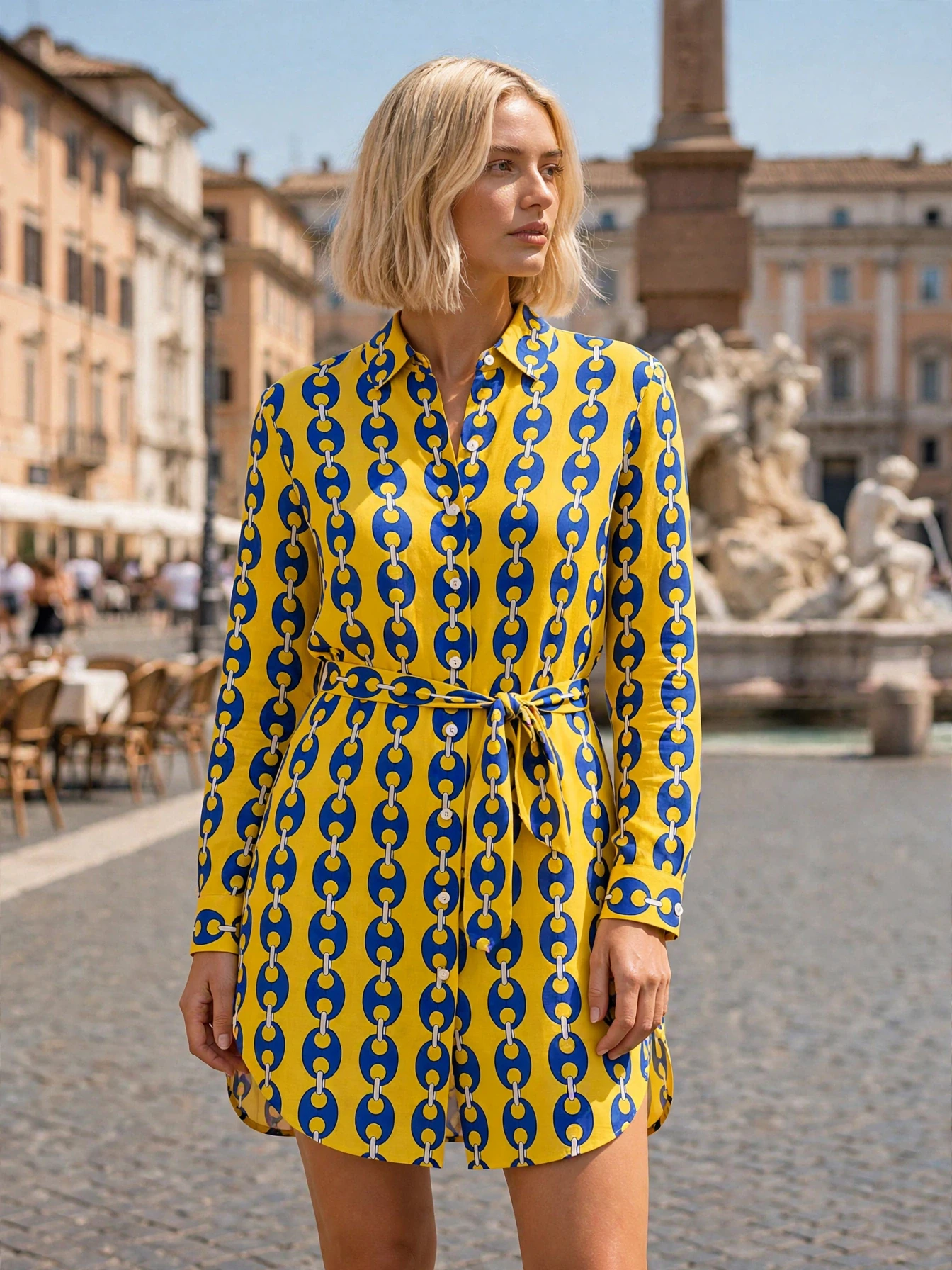 Modella interamente virtuale con Chemisier Lino DAN Roma nella stampa Catene giallo a Piazza Navona
